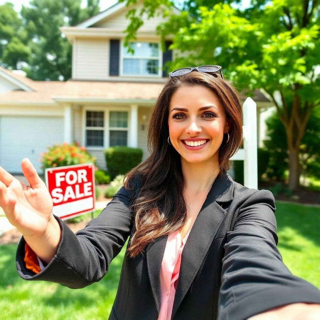 Real estate agent taking a selfie in front of a suburban home with a for-sale sign