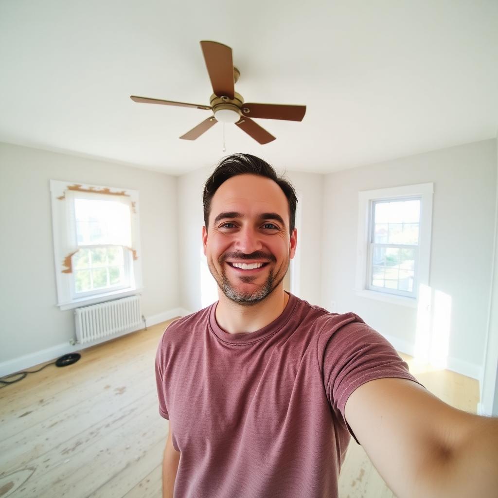 Real estate investor taking a selfie inside a home under renovation