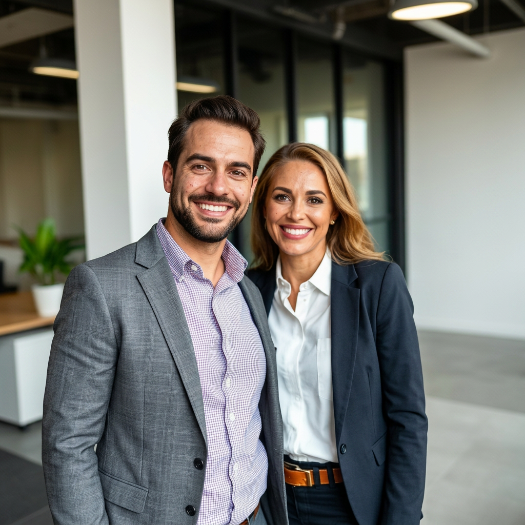 Two real estate team members smiling in a modern office selfie