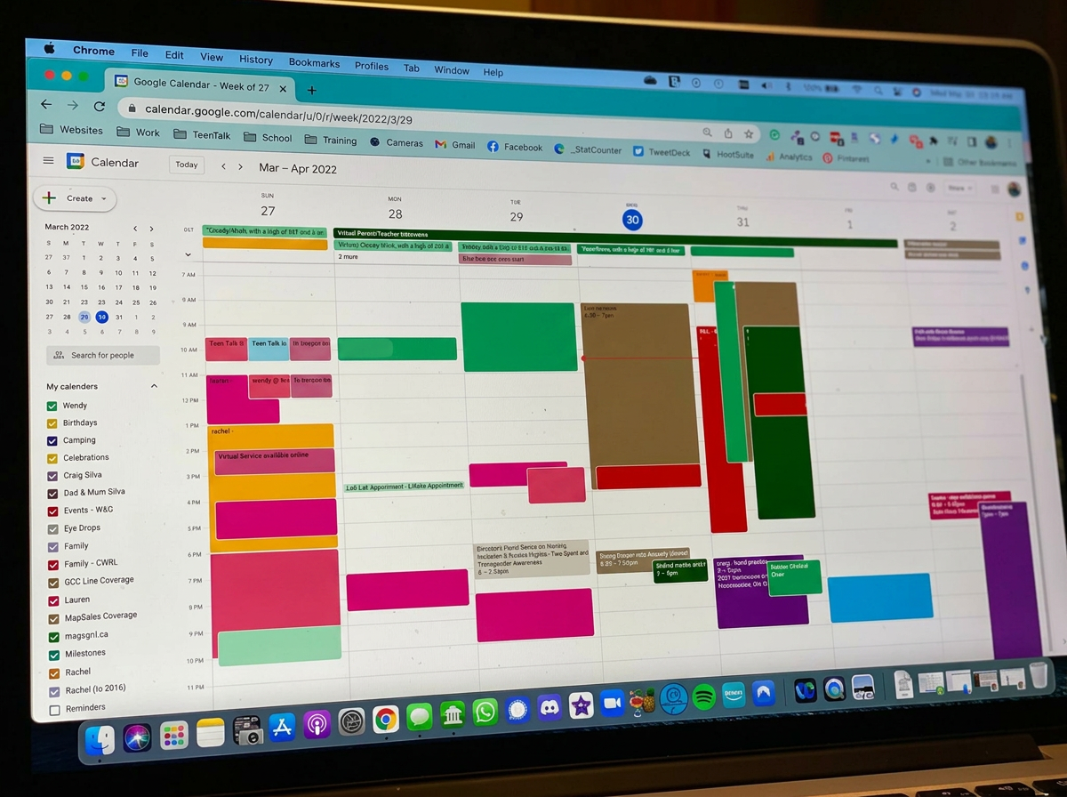 Overloaded Google Calendar full of color-coded events
