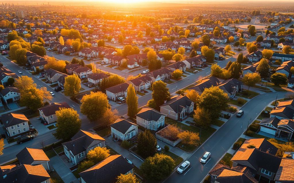 Aerial view of suburban neighborhood at golden hour