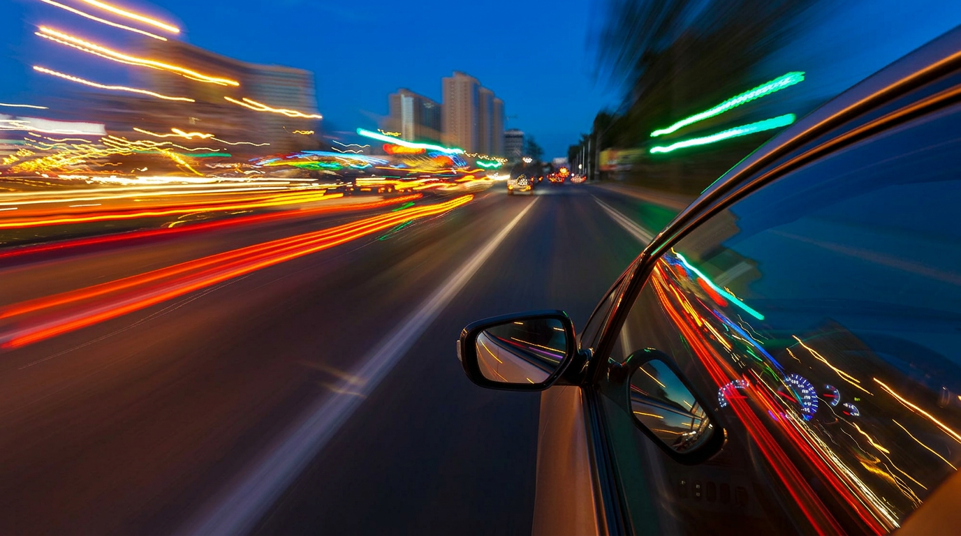 Car speeding through city at night with motion-blurred light trails