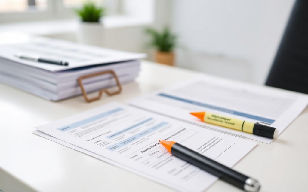 Organized real estate transaction paperwork on a modern desk