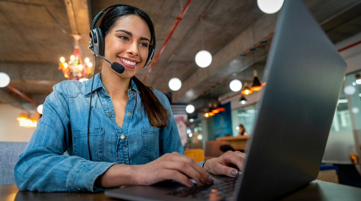 Smiling real estate virtual assistant wearing a headset working on a laptop