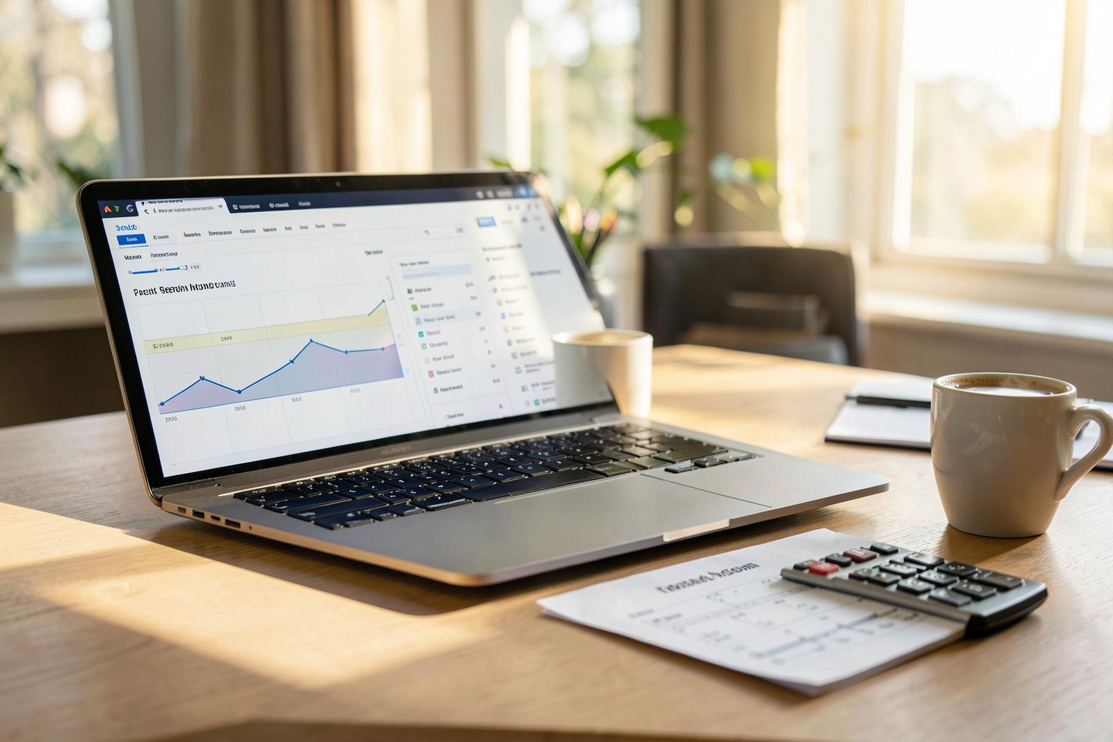 Laptop showing an accounting dashboard beside a printed rental income statement and calculator on a desk