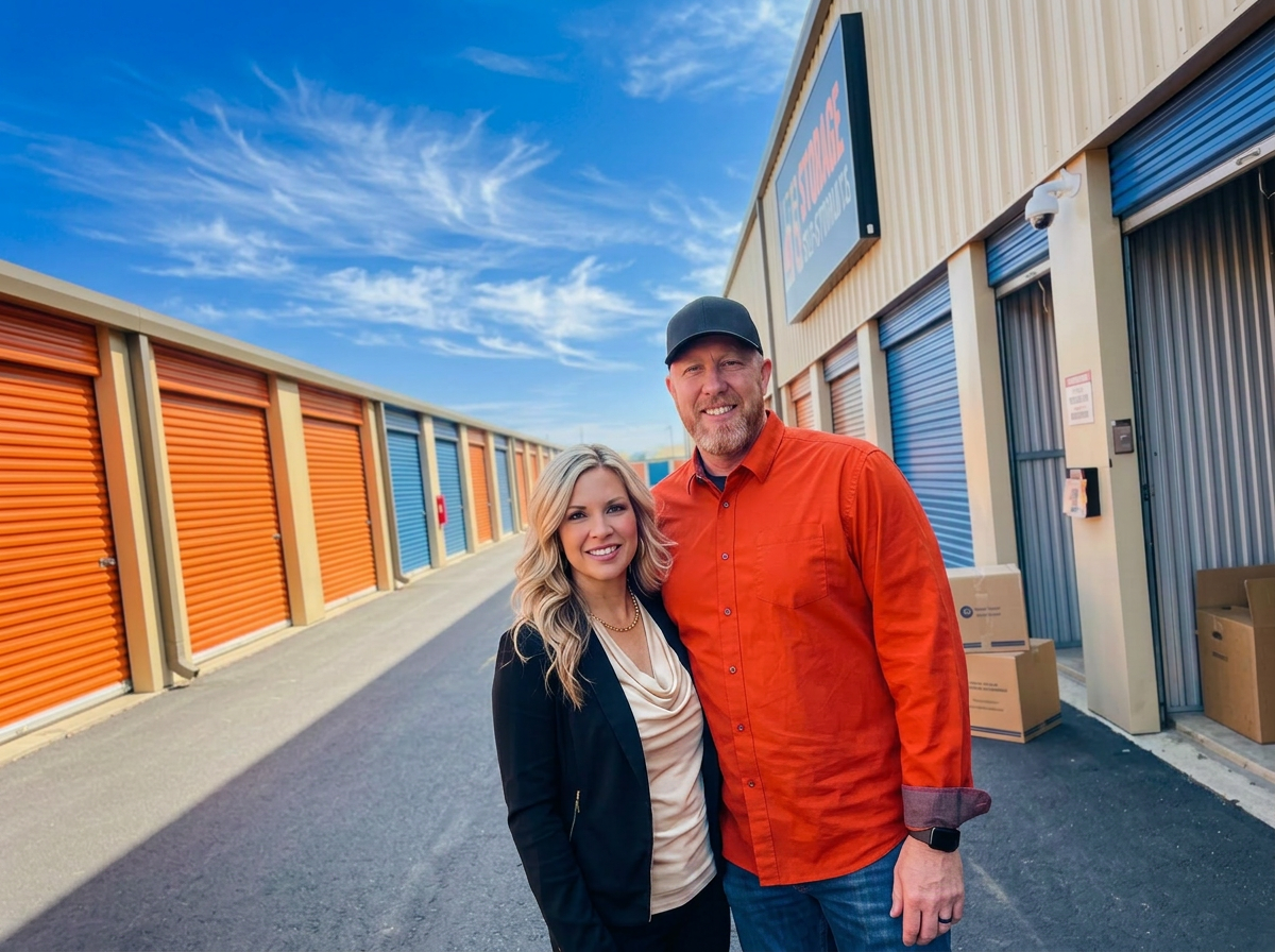 Commercial property management team outside storage facility
