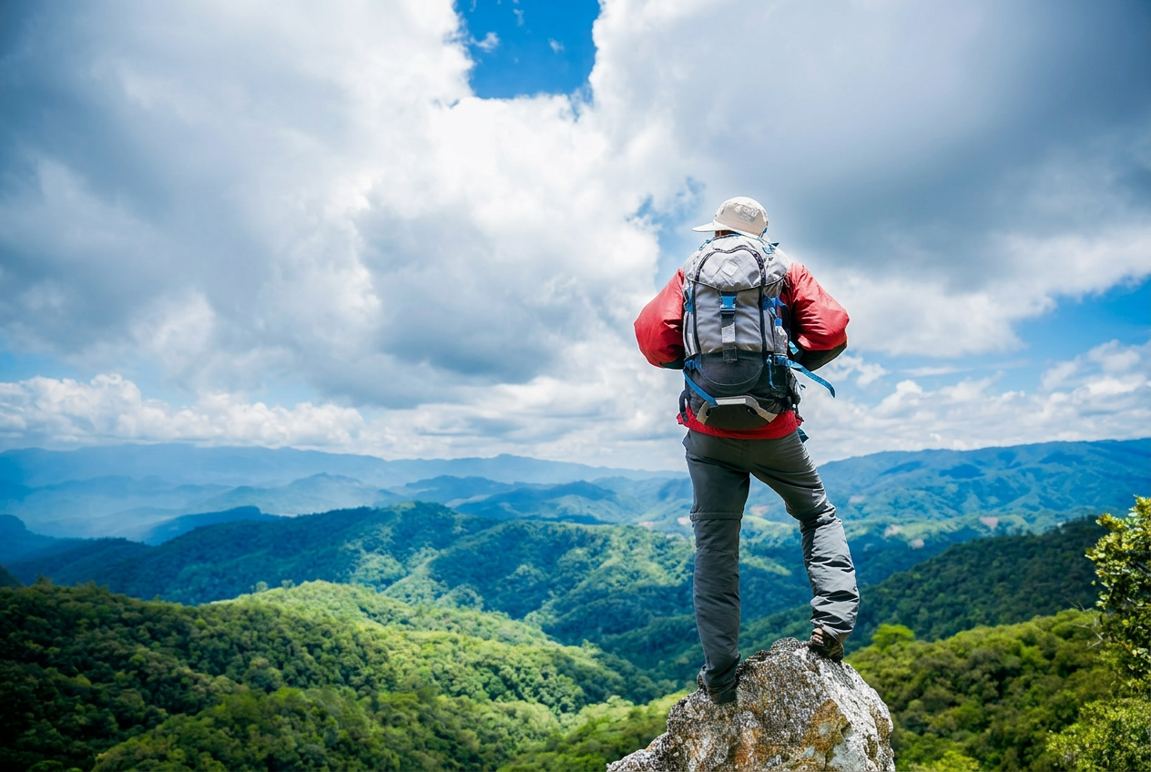 Hiker on a mountain peak overlooking valleys